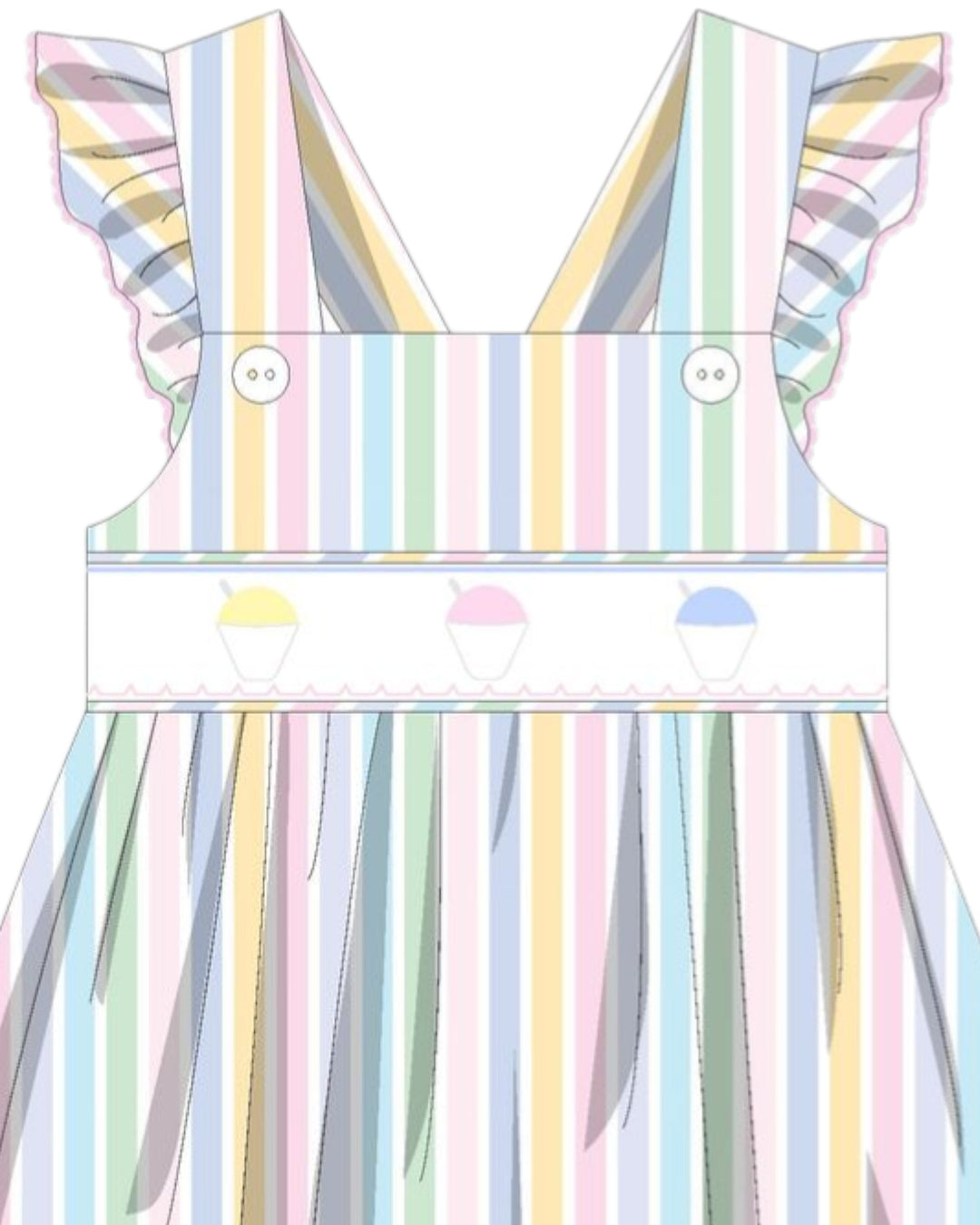 Pastel striped dress with colorful buttons on a white background