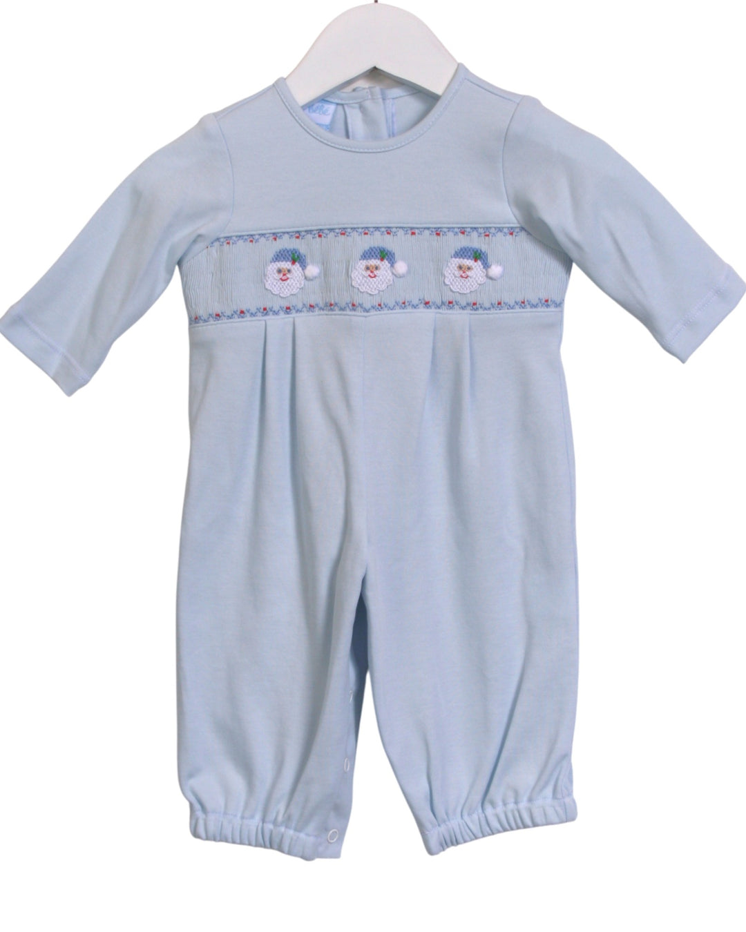 Light blue baby romper with snowman design on a white background