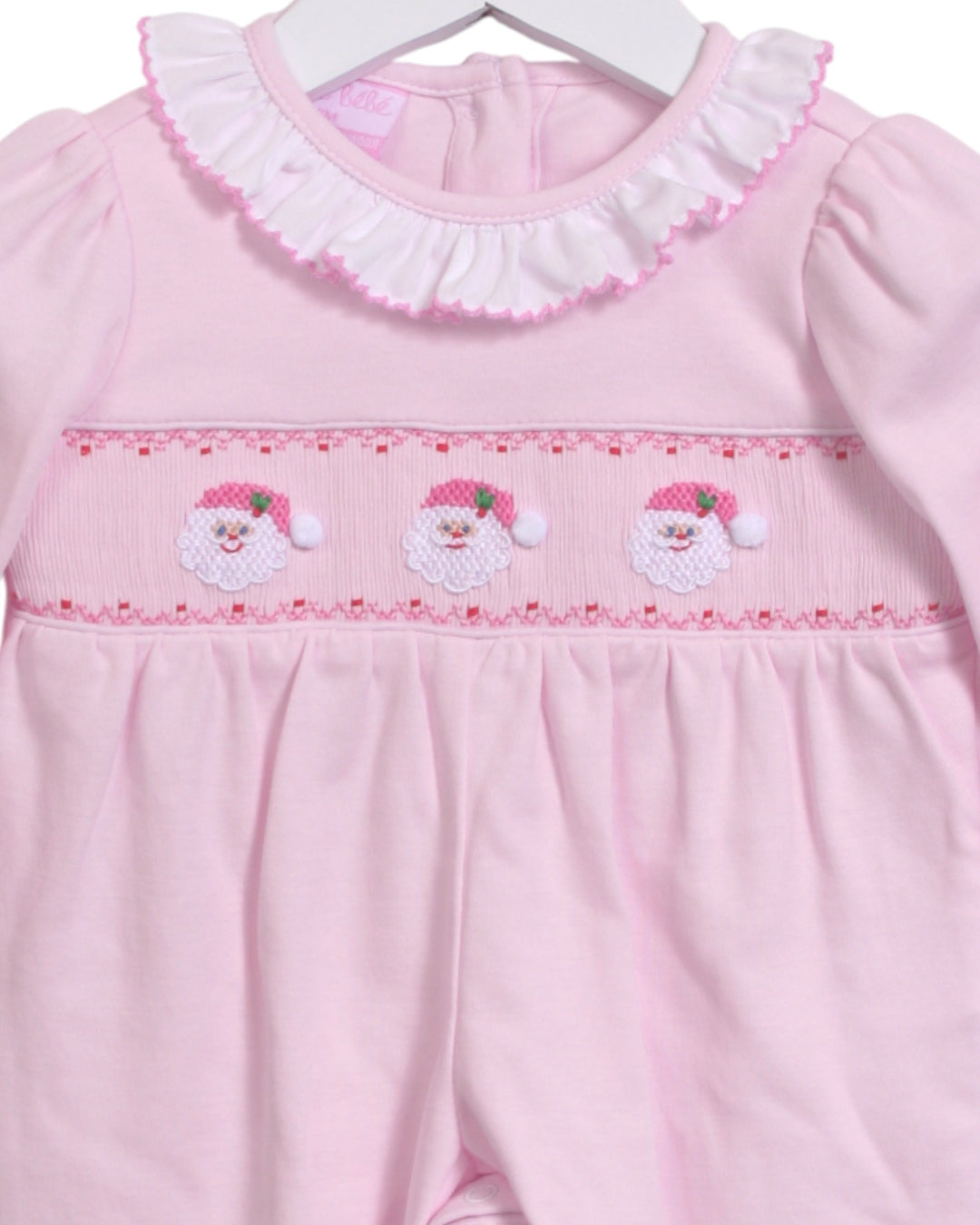 Smocked Santa Face Pink Girls Ruffle Knit Romper