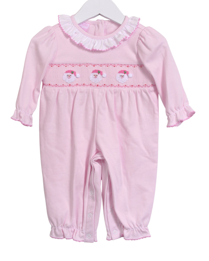 Pink baby romper with ruffled collar and embroidered details on a white background