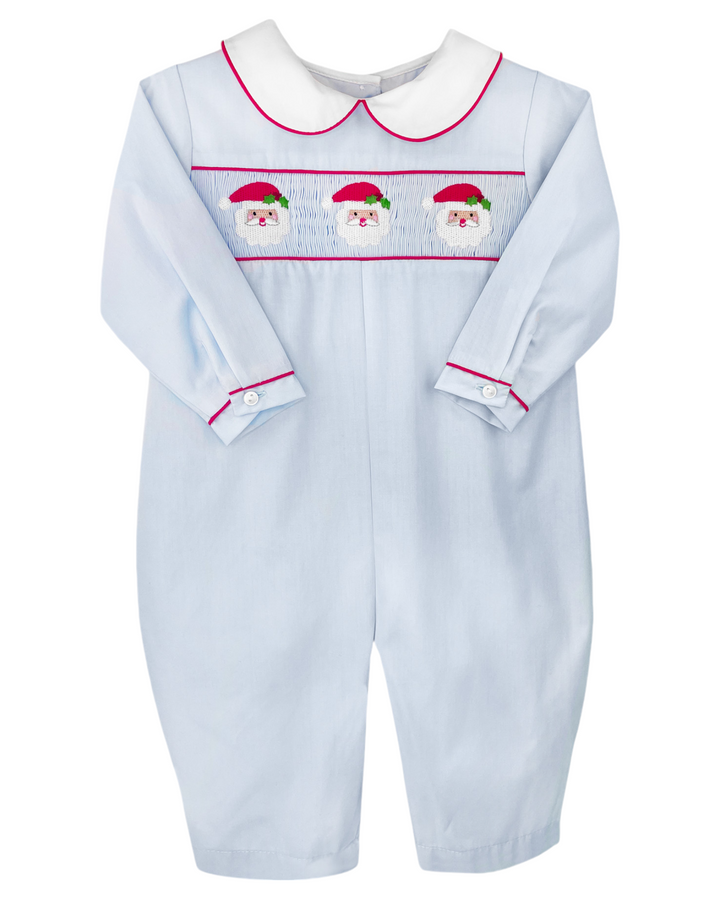 Smocked Santa Faces Blue Boy's Romper, Shop That Store, front