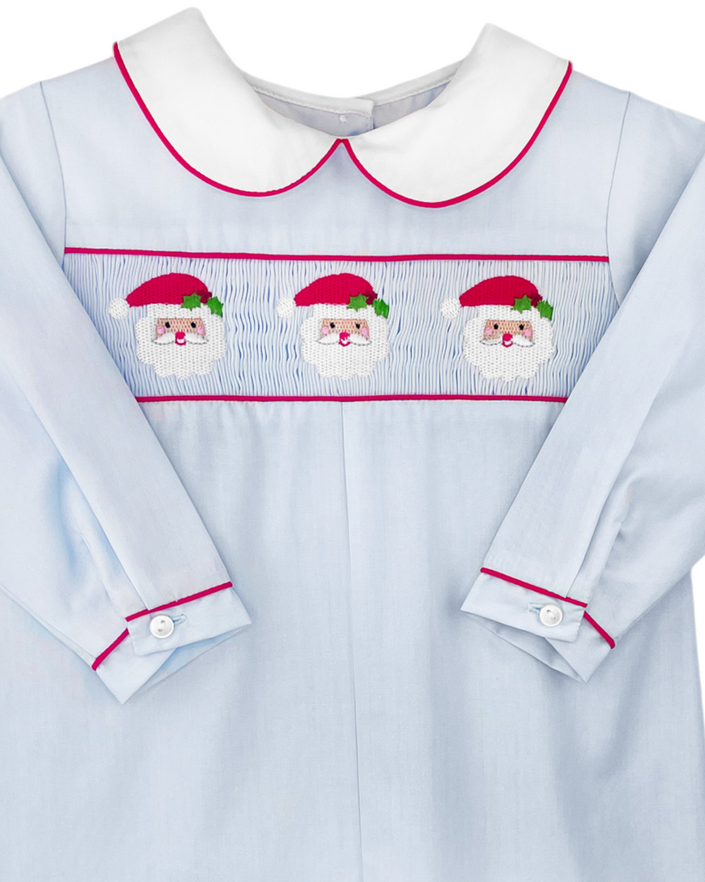 Smocked Santa Faces Blue Boy's Romper, That Store, close up
