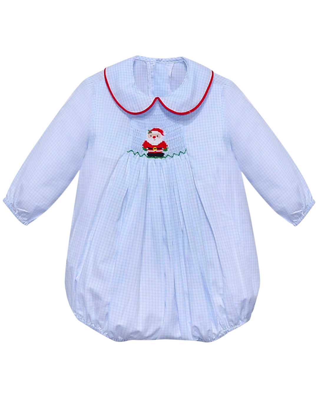 Baby romper with embroidered Santa Claus design on a white background