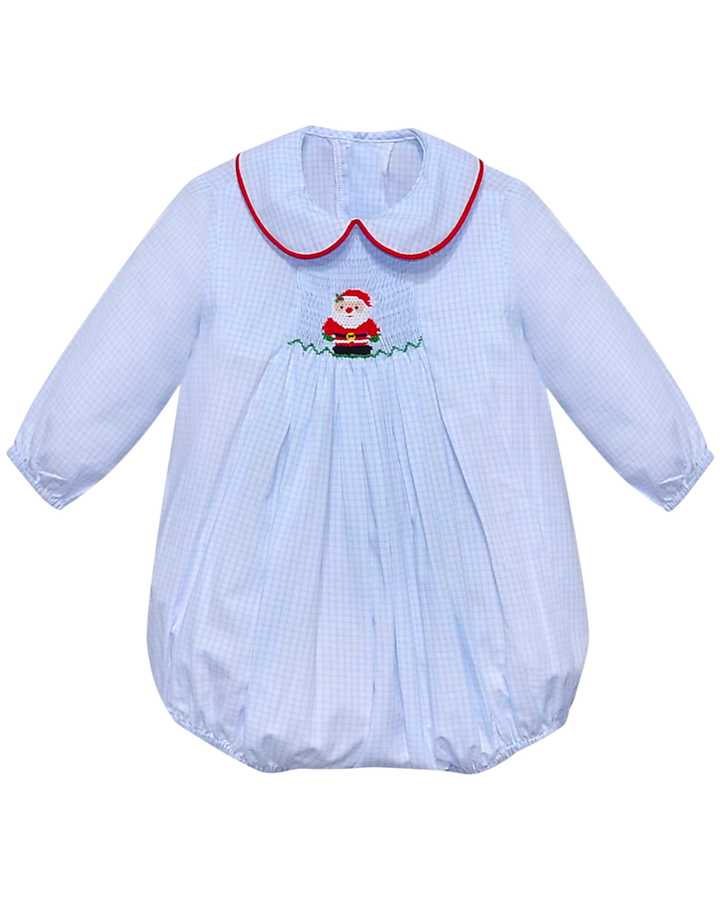 Baby romper with embroidered Santa Claus design on a white background