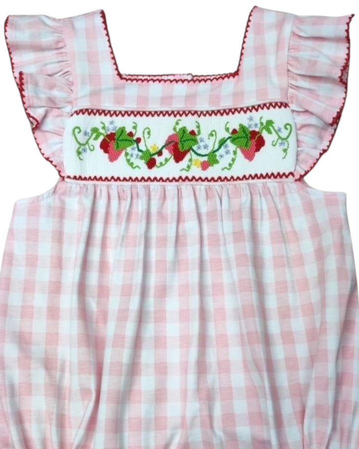 Smocked Strawberry Pink Check Girls Bubble, That Store, close