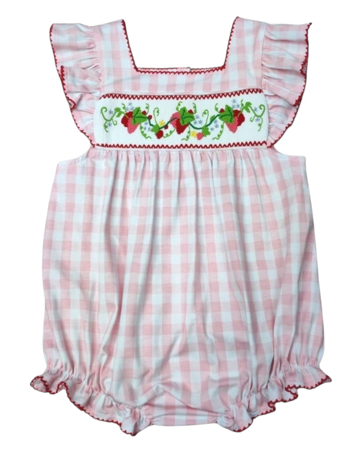 Smocked Strawberry Pink Check Girls Bubble, That Store, front