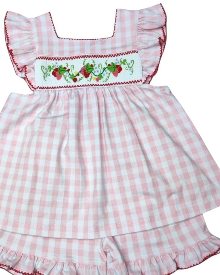 Smocked Strawberry Pink Check Girls Short Set, That Store, close