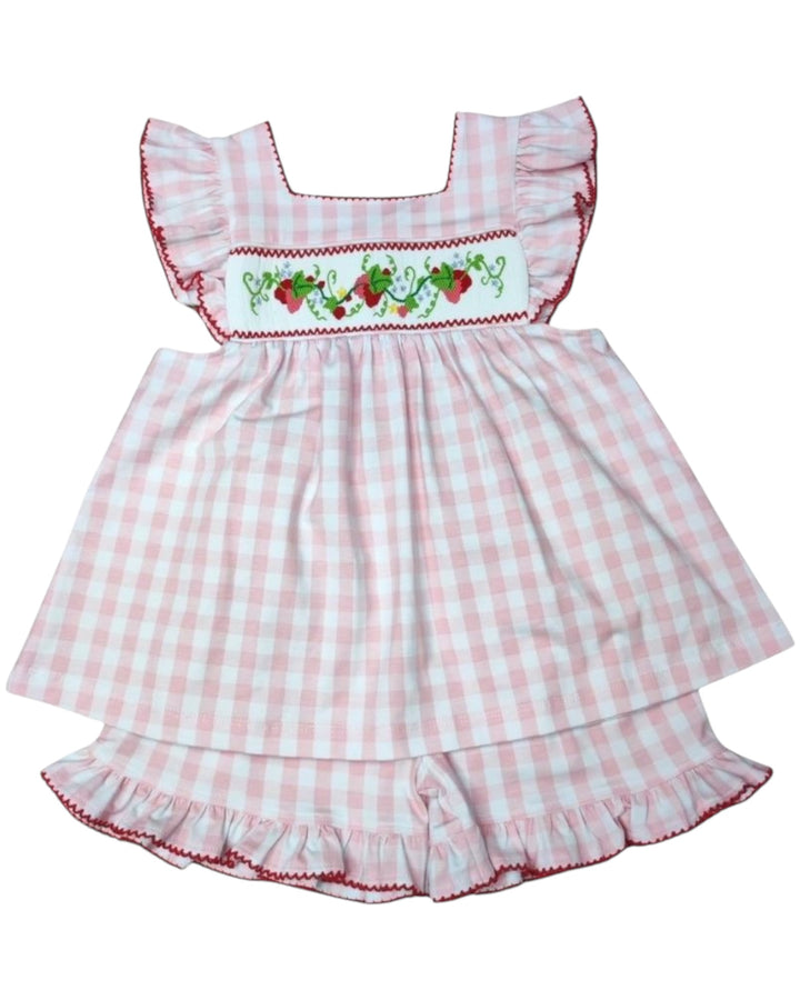Smocked Strawberry Pink Check Girls Short Set, That Store, front
