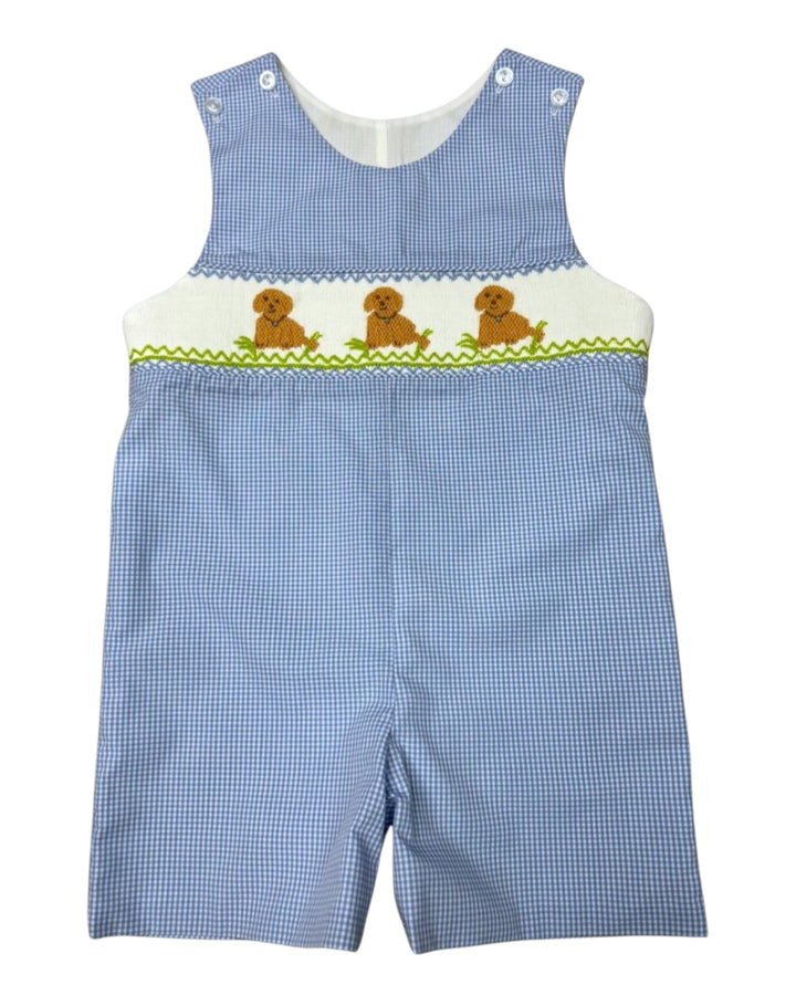 Blue checkered overalls with embroidered dogs on a white background