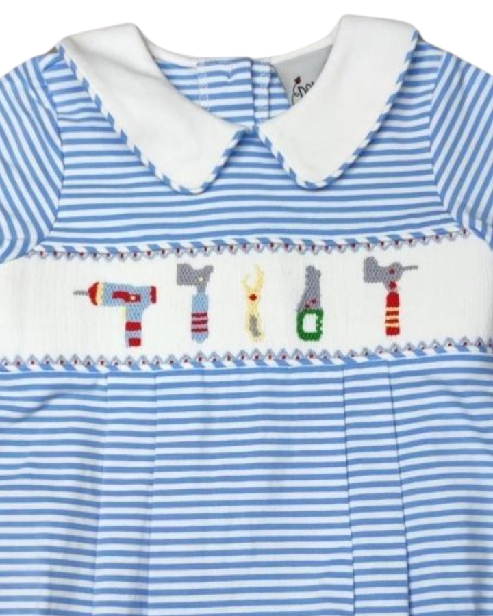 Smocked Tools Blue Stripe Knit Boys Bubble, Shop That Store, close