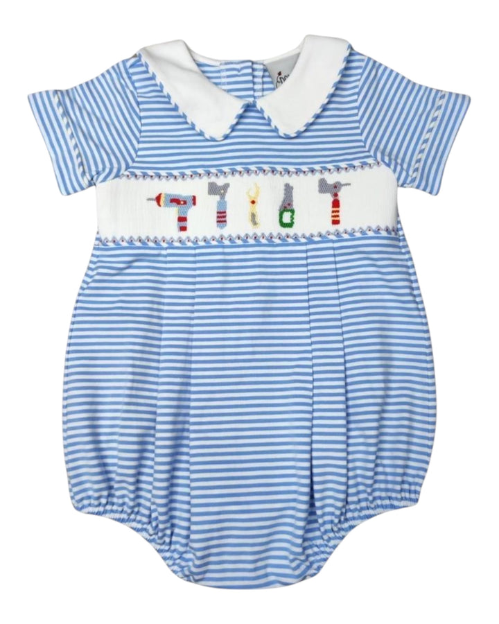 Smocked Tools Blue Stripe Knit Boys Bubble, Shop That Store, front