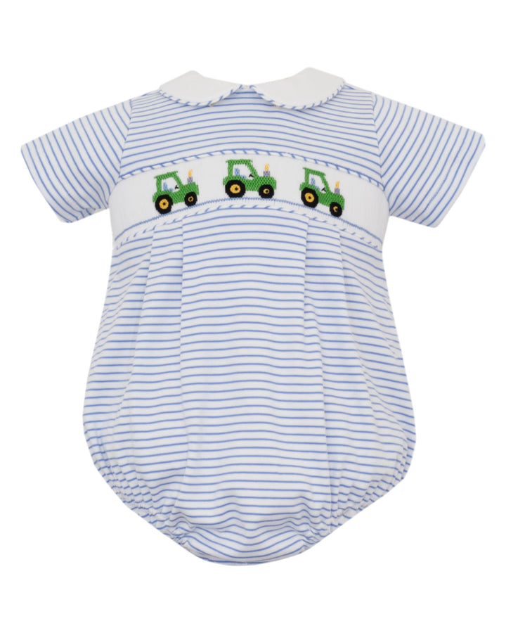 Baby romper with blue and white stripes and green tractors on a white background