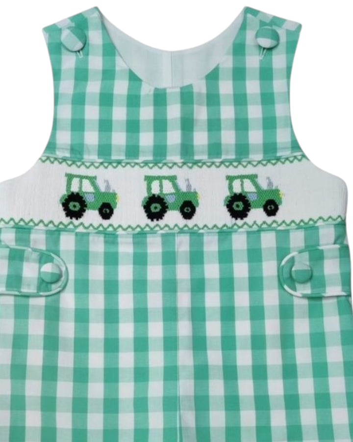 Smocked Tractor Green Check Boys Jon Jon, That Store, close