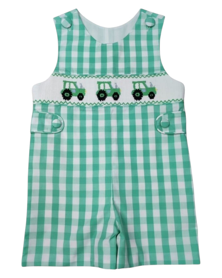 Smocked Tractor Green Check Boys Jon Jon, That Store, front