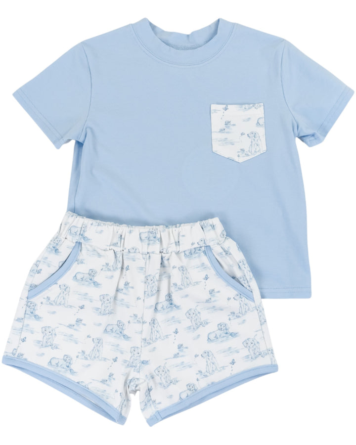 Children's blue t-shirt and shorts set with teddy bear pattern on a white background