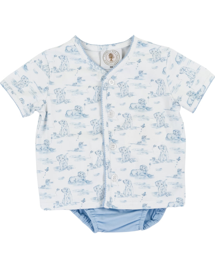 Baby outfit with blue teddy bear pattern on a white background