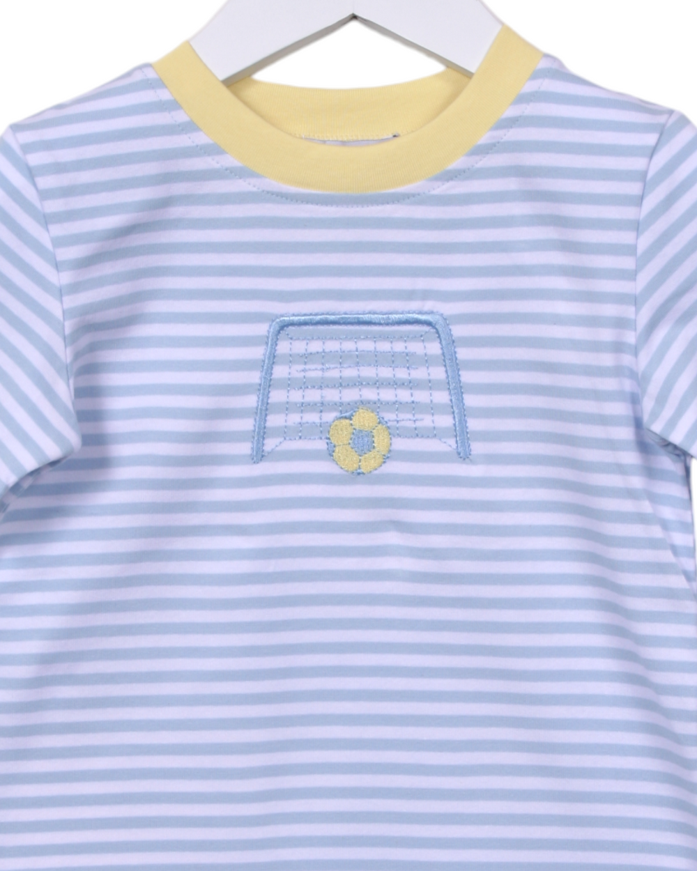 Soccer Embroidered Blue Stripe Boys Shirt, That Store, close