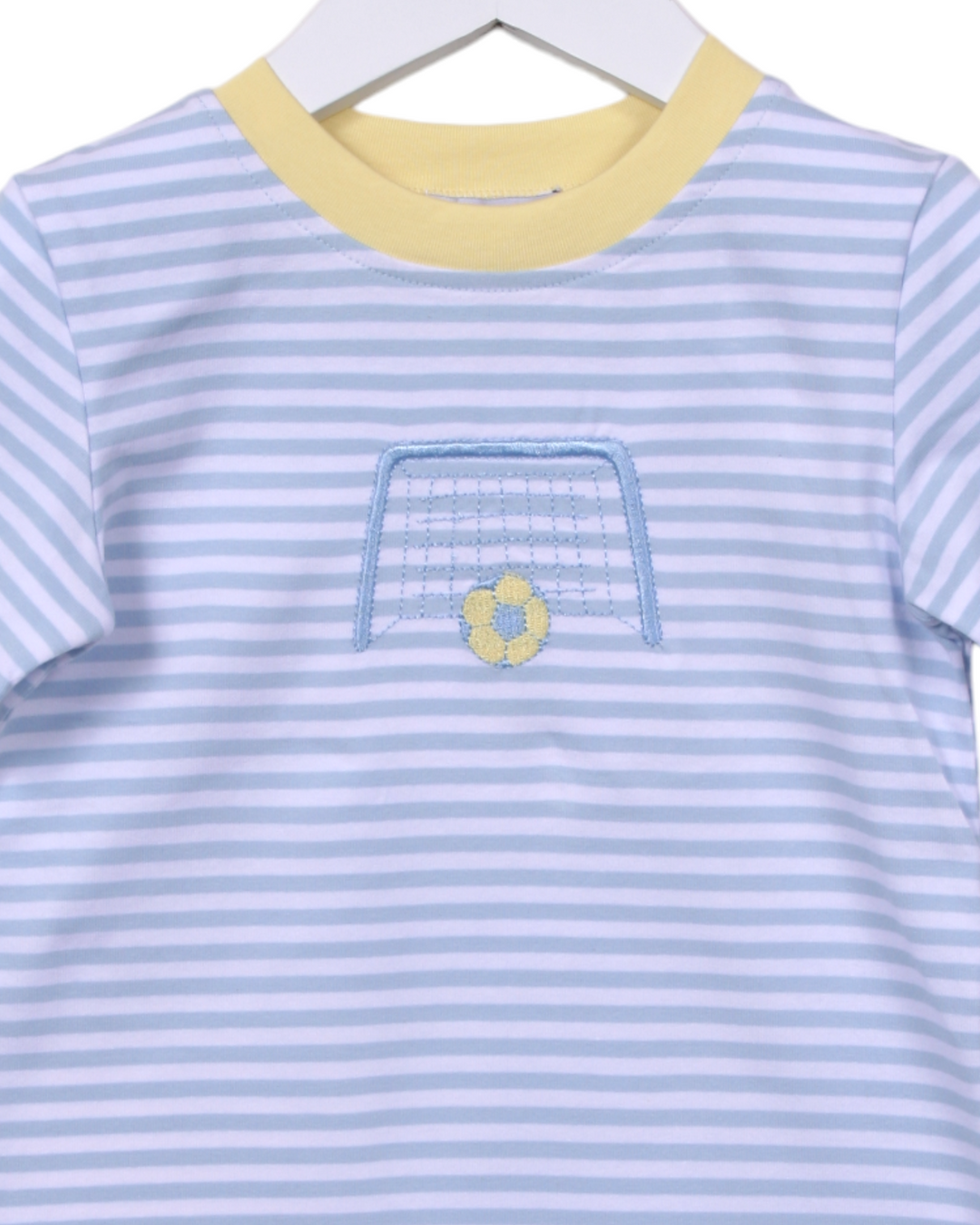 Soccer Embroidered Blue Stripe Boys Shirt, That Store, close