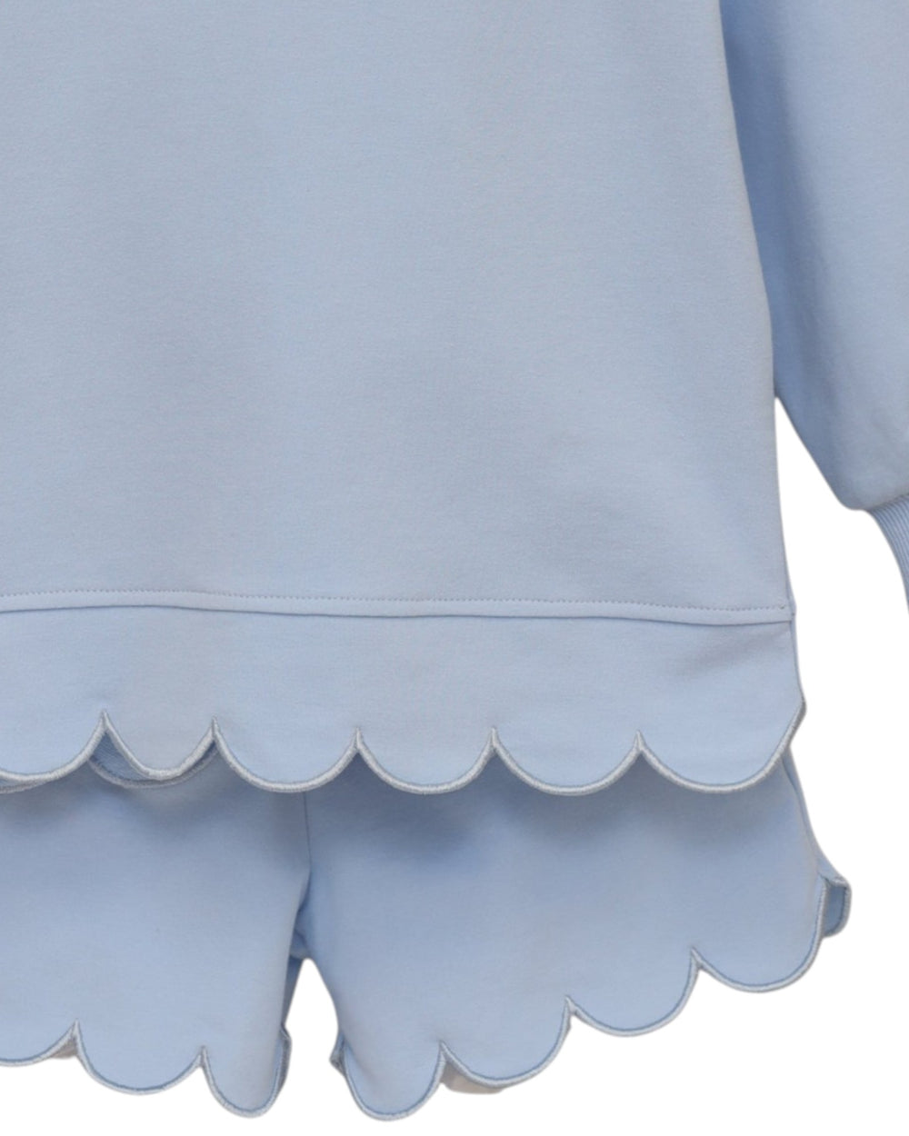 Close-up of a light blue garment with a scalloped hem and matching scalloped shorts or skirt, shown against a white background, that store