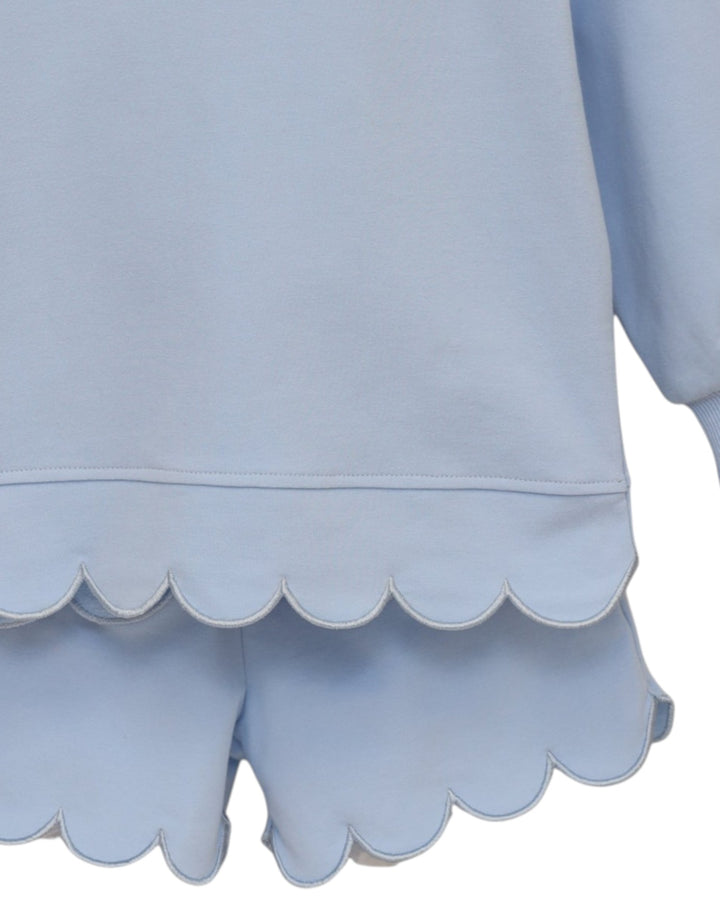 Close-up of a light blue garment with a scalloped hem and matching scalloped shorts or skirt, shown against a white background, that store