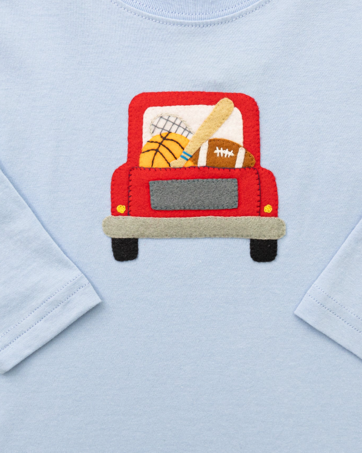 Sports Equipment Truck Blue LS Boys Shirt, close up