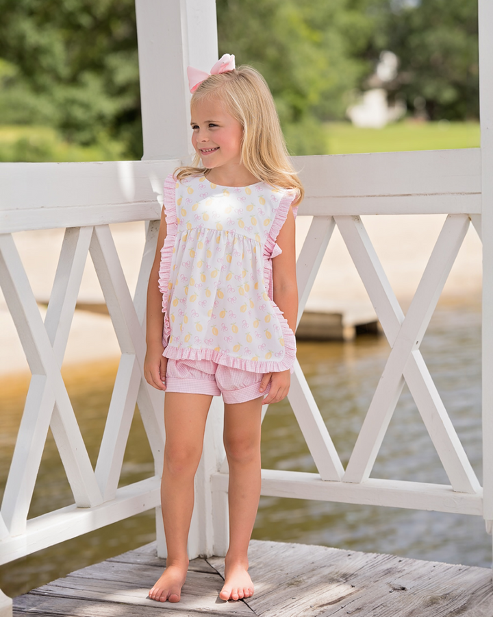 Squeeze the Day Pink Gingham Girls Abigail Banded Short Set , That Store, front