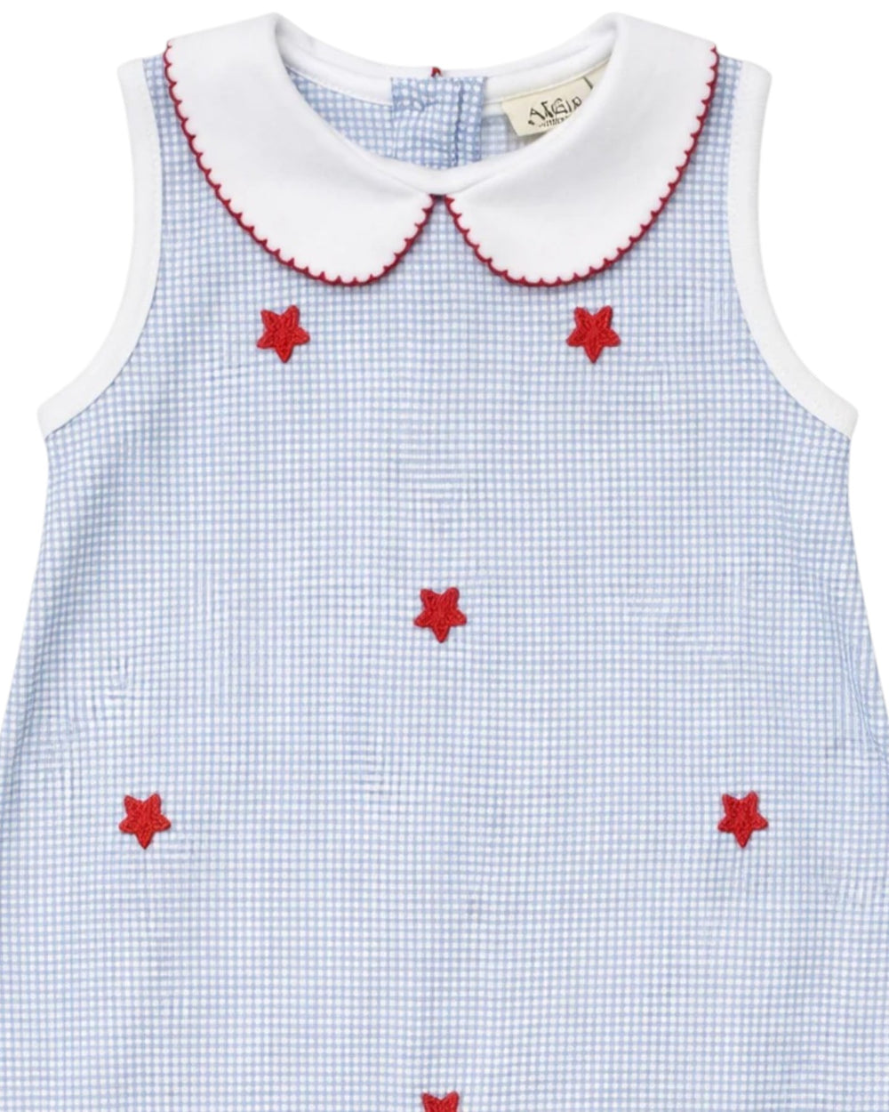Children's dress with blue checkered pattern and red star details on a white background
