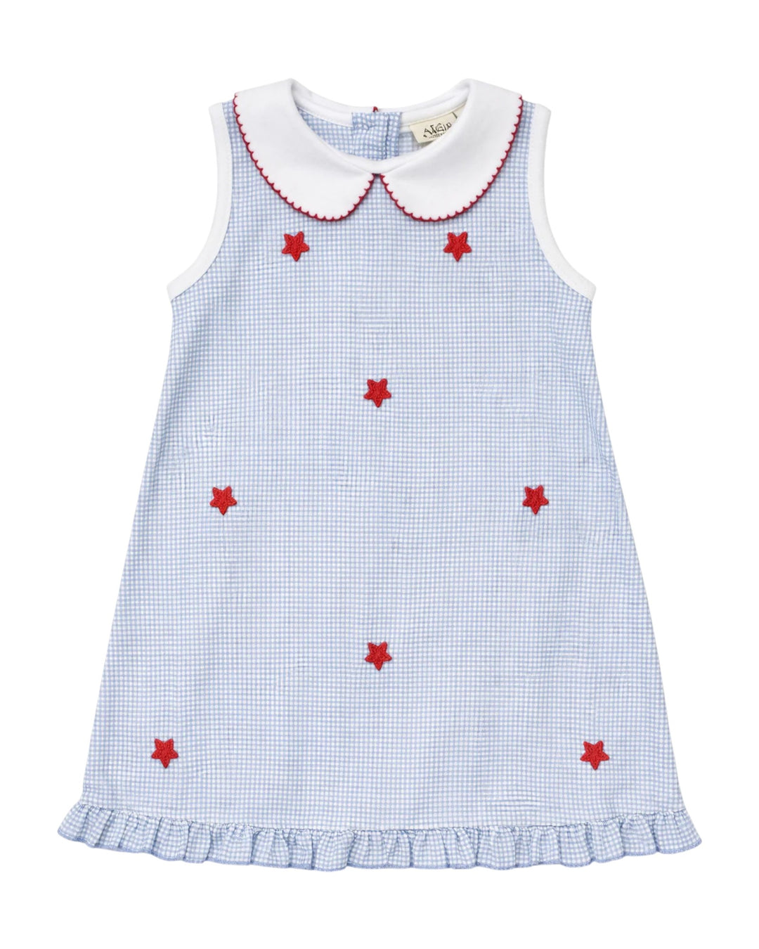 Children's dress with blue check pattern and red star details on a white background