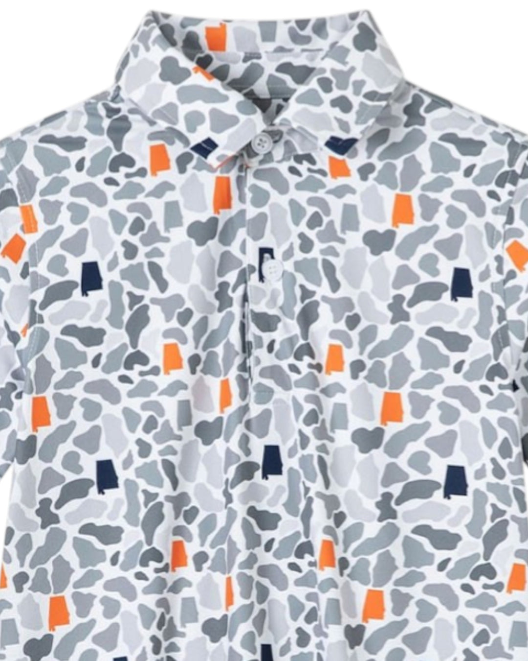 Patterned shirt with orange and blue shapes on a white background