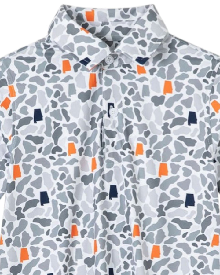 Patterned shirt with orange and blue shapes on a white background