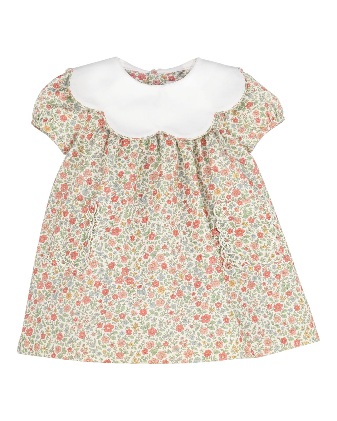 A baby girl's short-sleeve dress featuring a white Peter Pan collar and a delicate multicolor floral print on a light beige background, that store