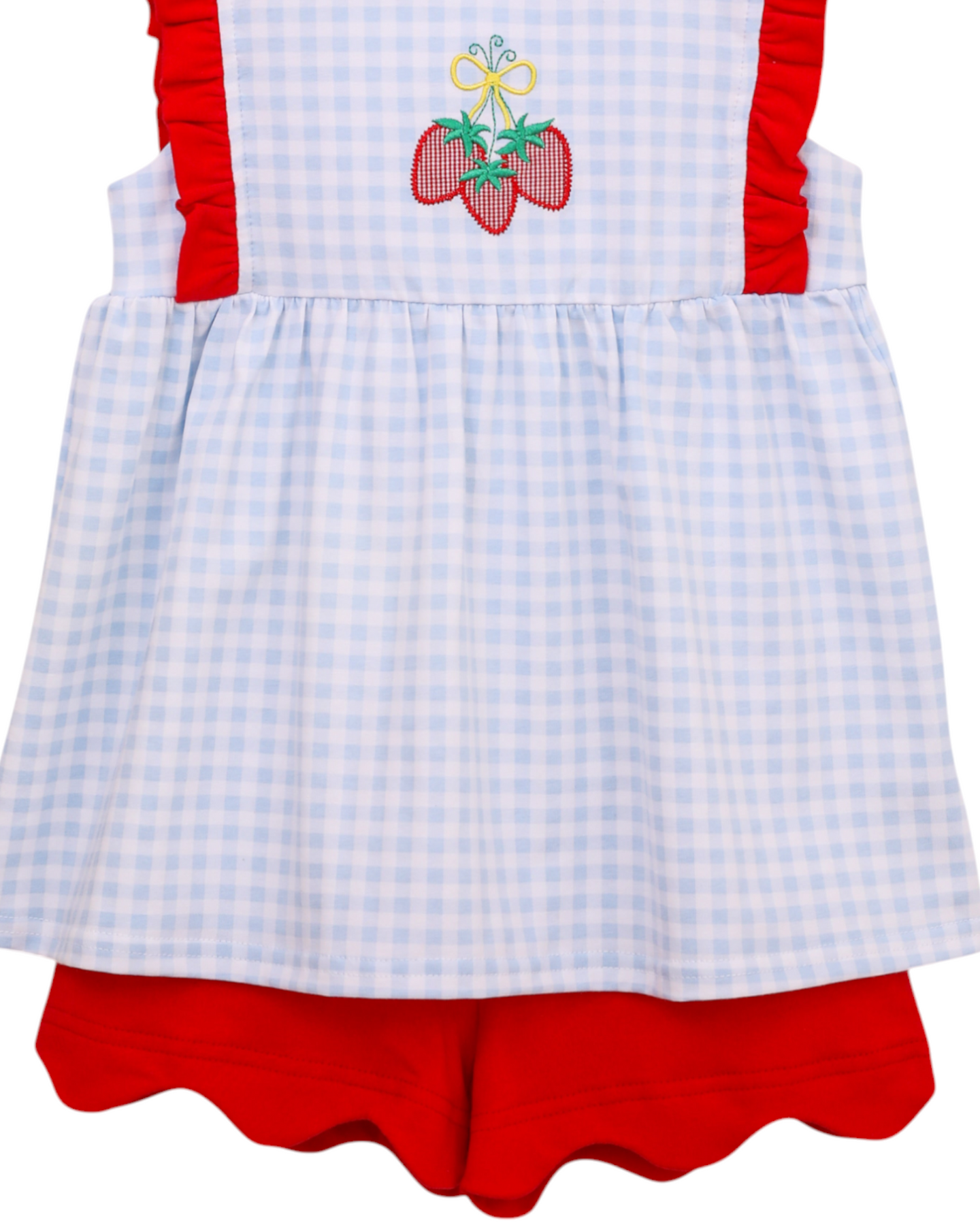 Strawberry Applique Blue Gingham Ruffle Girls Short Set – ShopThatStore.com