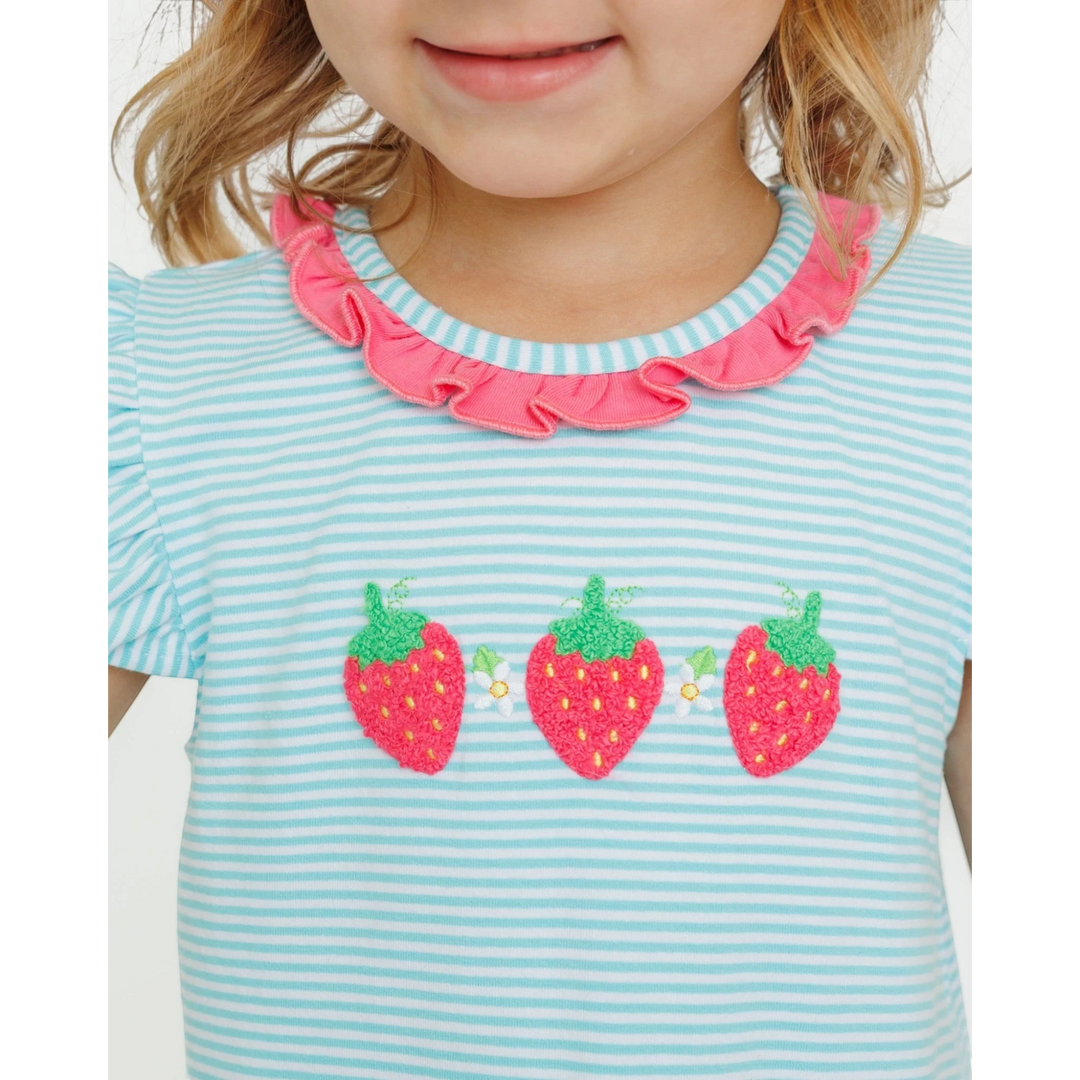Child wearing a light blue and white striped shirt with pink ruffled collar and strawberry design, that store.