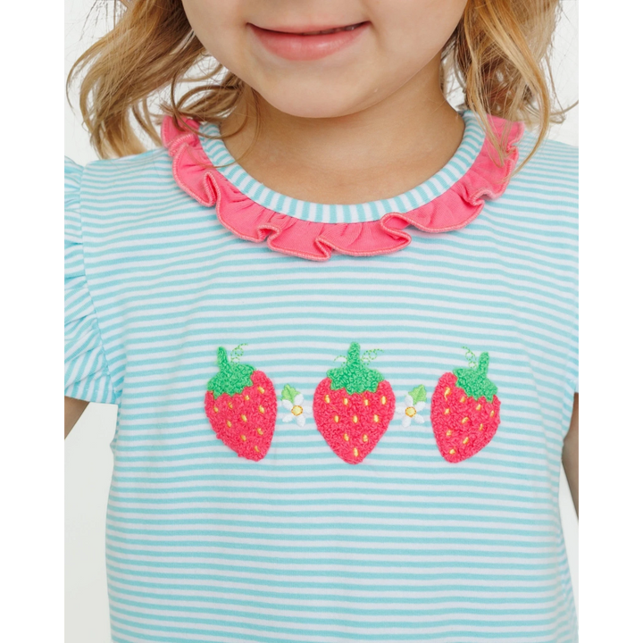 Child wearing a light blue and white striped shirt with pink ruffled collar and strawberry design, that store.
