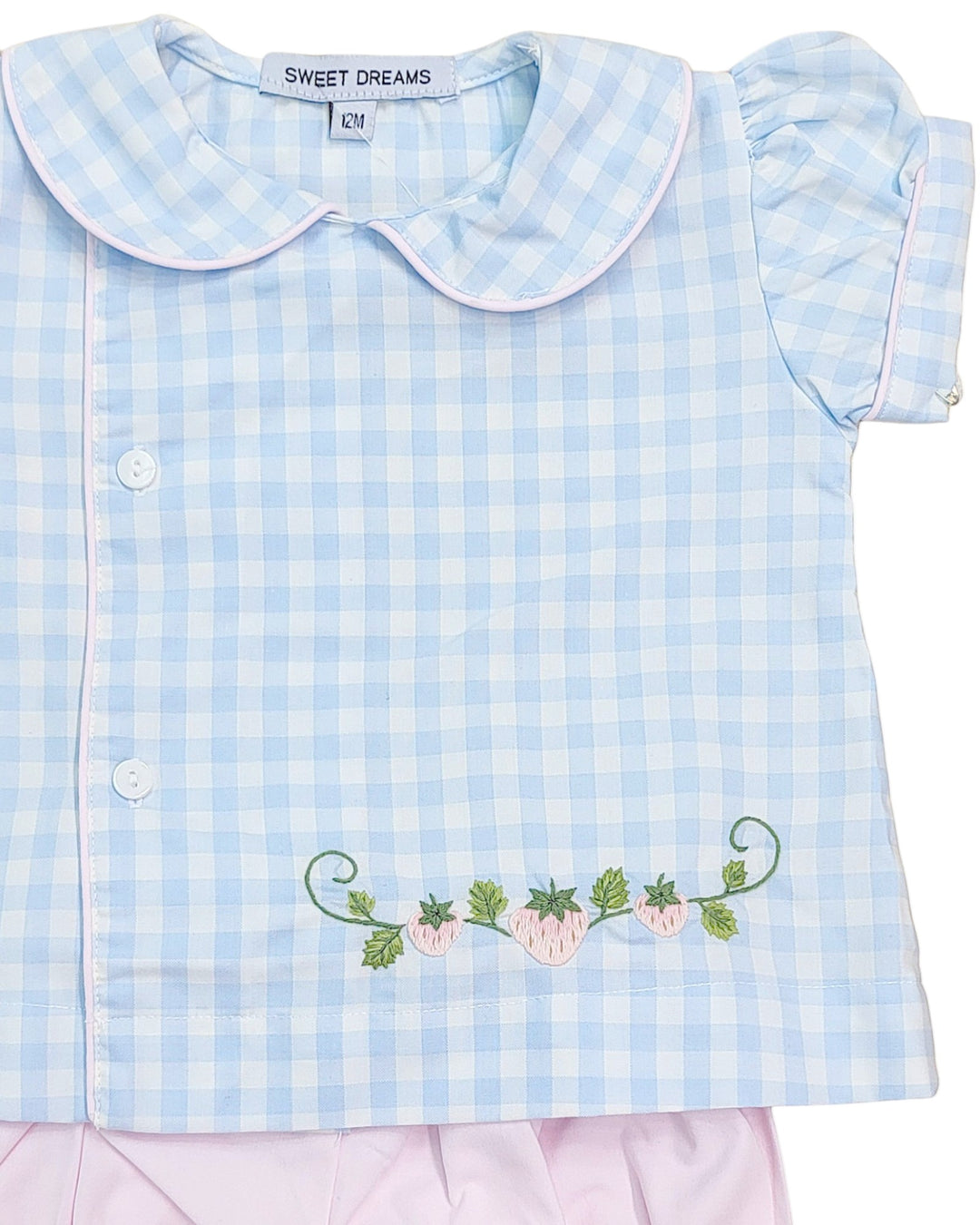 Strawberry Embroidered Blue Check Diaper Set