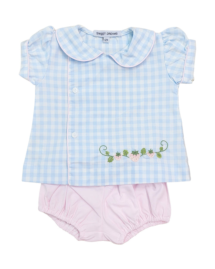 Baby outfit with blue checkered top and pink bloomers on a white background, that store