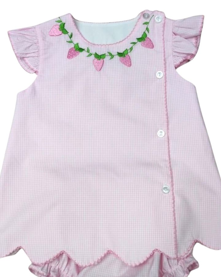 Strawberry Embroidered Pink Gingham Girls Bloomer Set, That Store, close