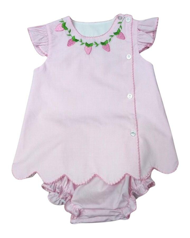 Strawberry Embroidered Pink Gingham Girls Bloomer Set, That Store, front