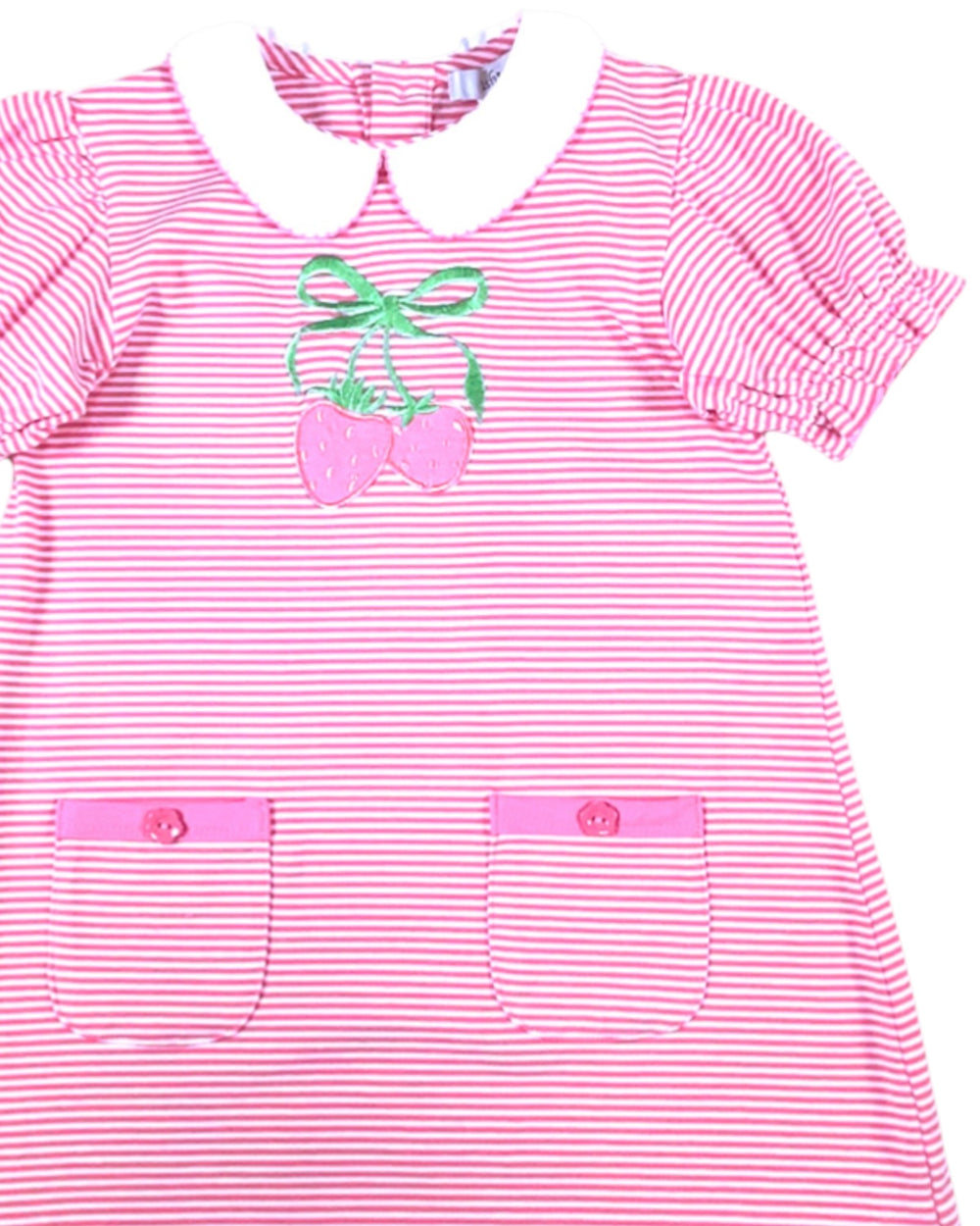 Pink and white striped dress with cherry design on a white background