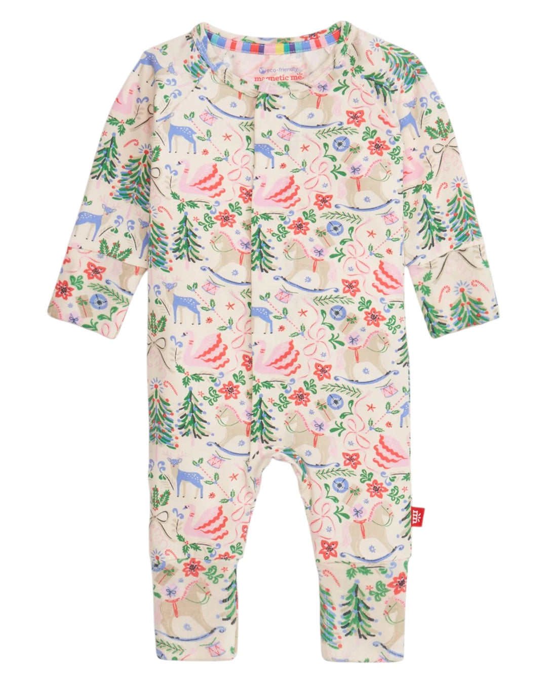 Children's onesie with a colorful animal and nature pattern on a white background