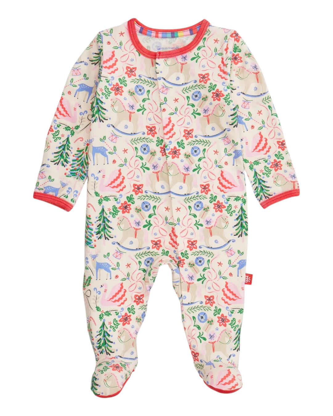 Baby onesie with floral and animal pattern on a white background