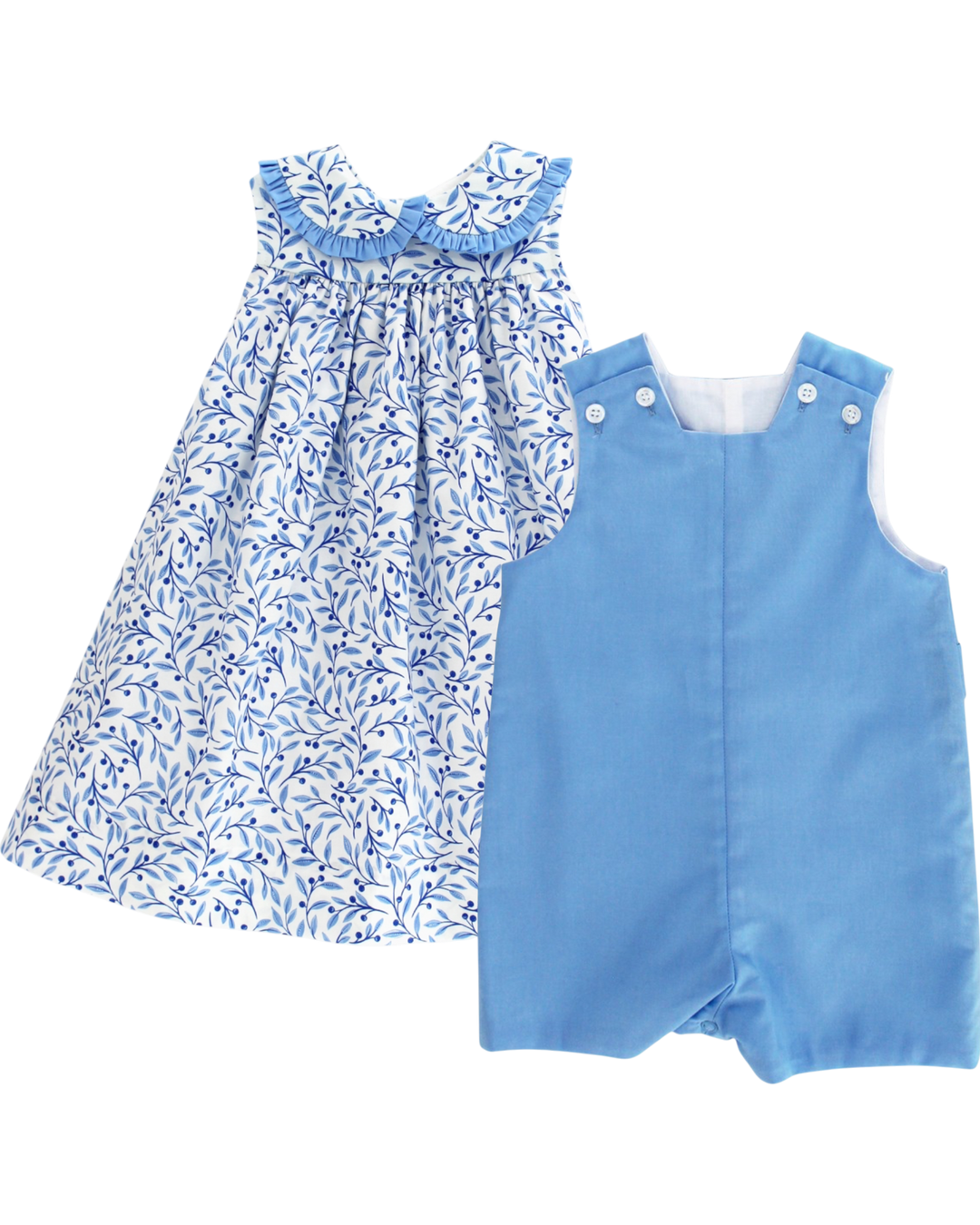 Blue floral dress and blue romper on a white background