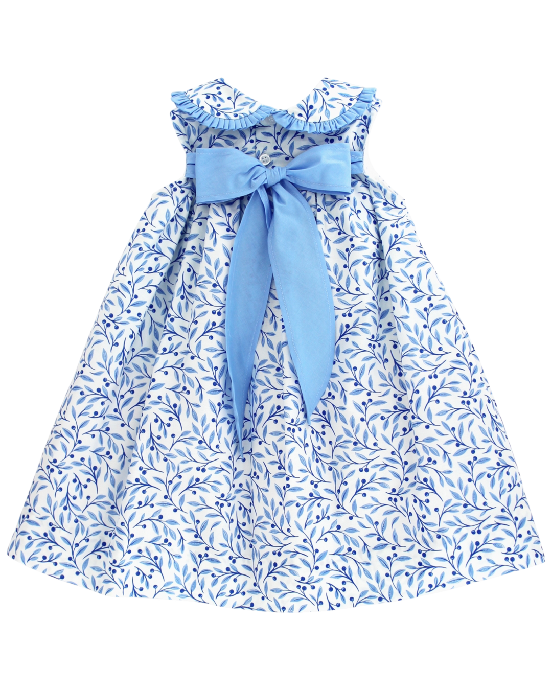 Blue floral dress with a large bow on a white background