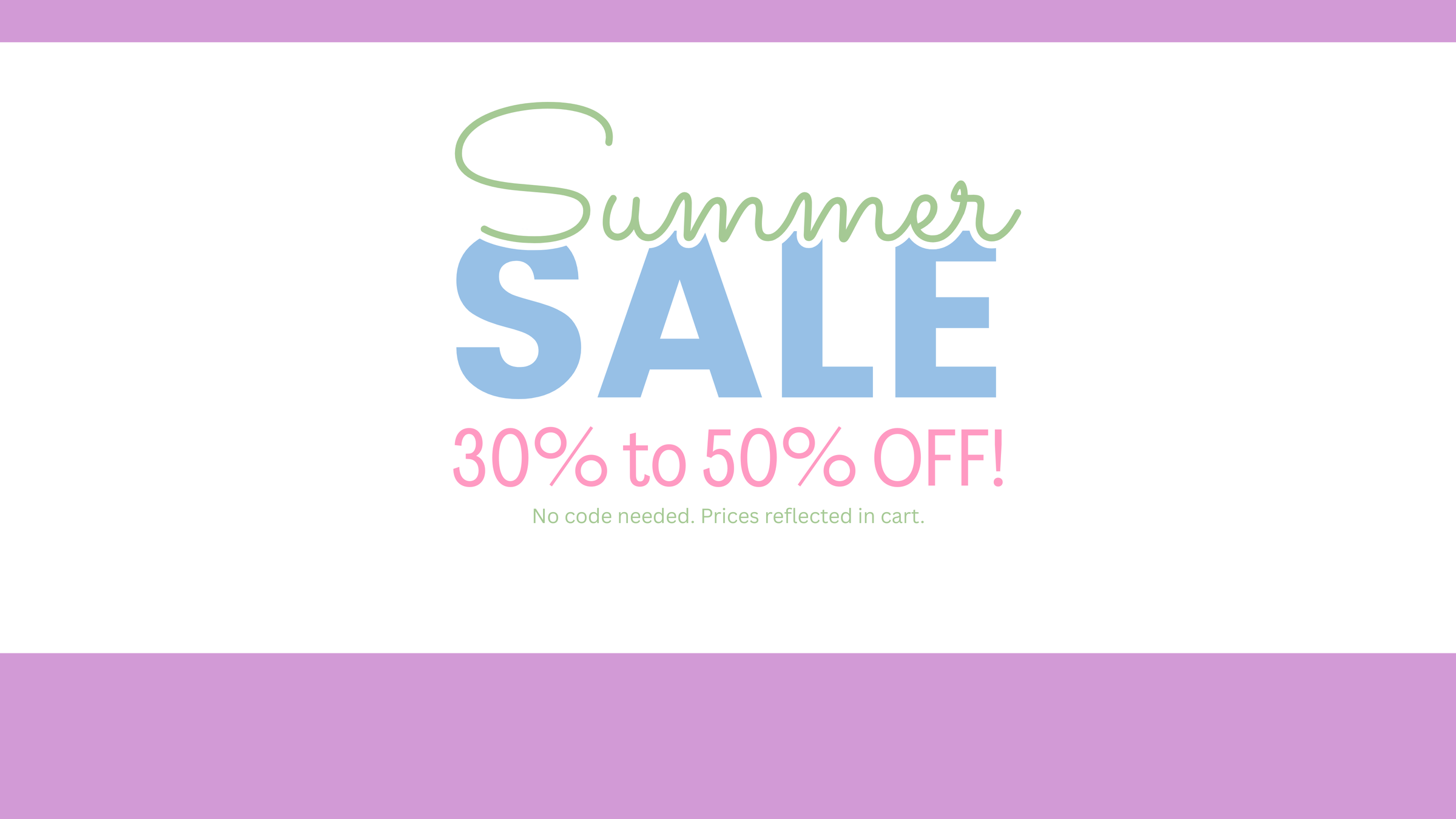Summer sale banner with text '30% to 50% OFF' on a white and purple background