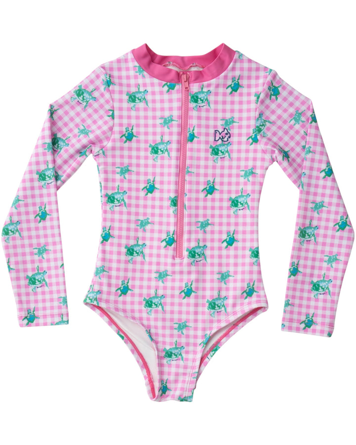 Surf and Turf Pink Girls One Piece Swimsuit, front