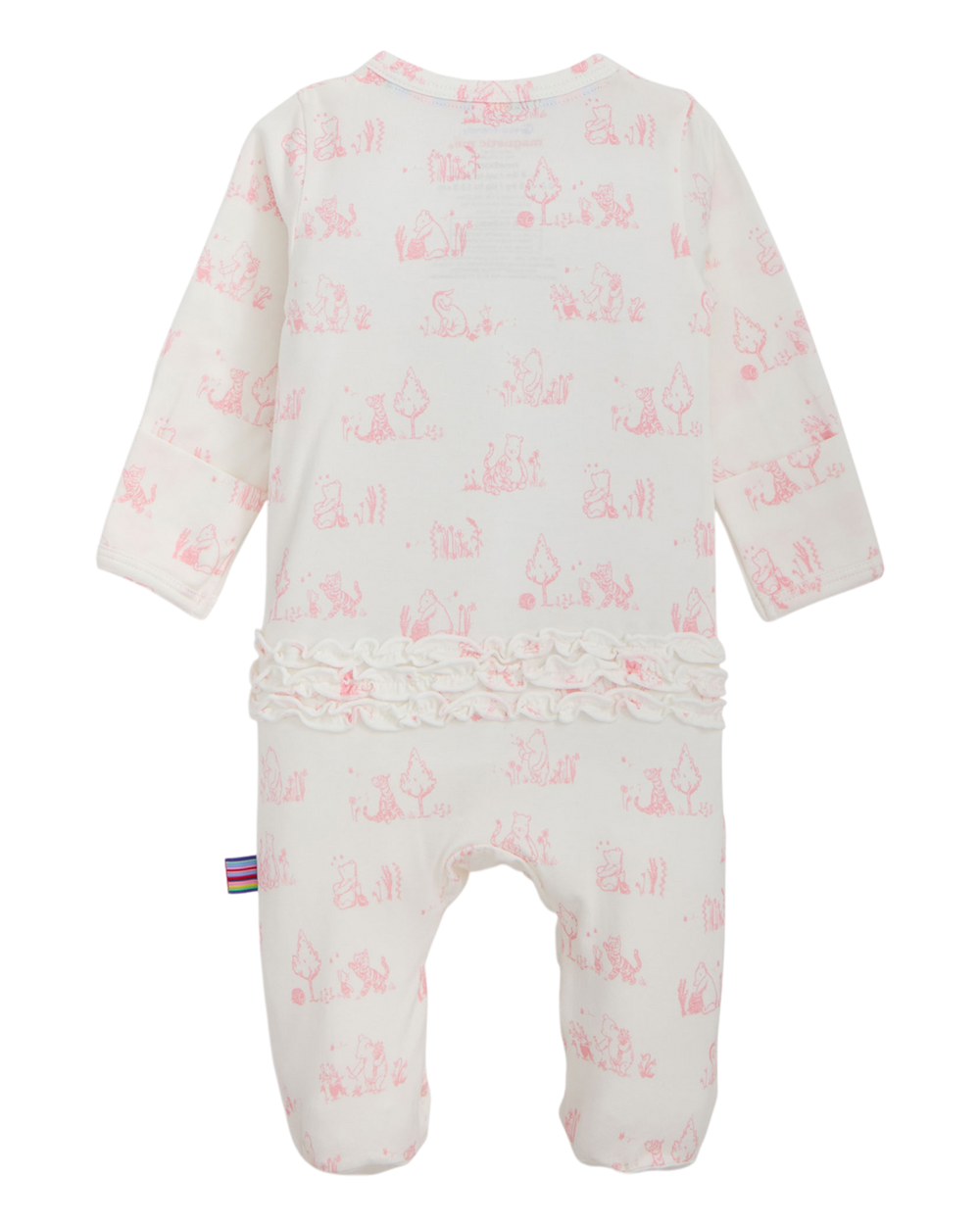Baby onesie with pink floral pattern on a white background