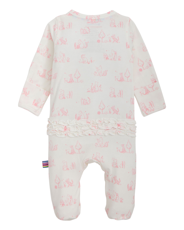 Baby onesie with pink floral pattern on a white background