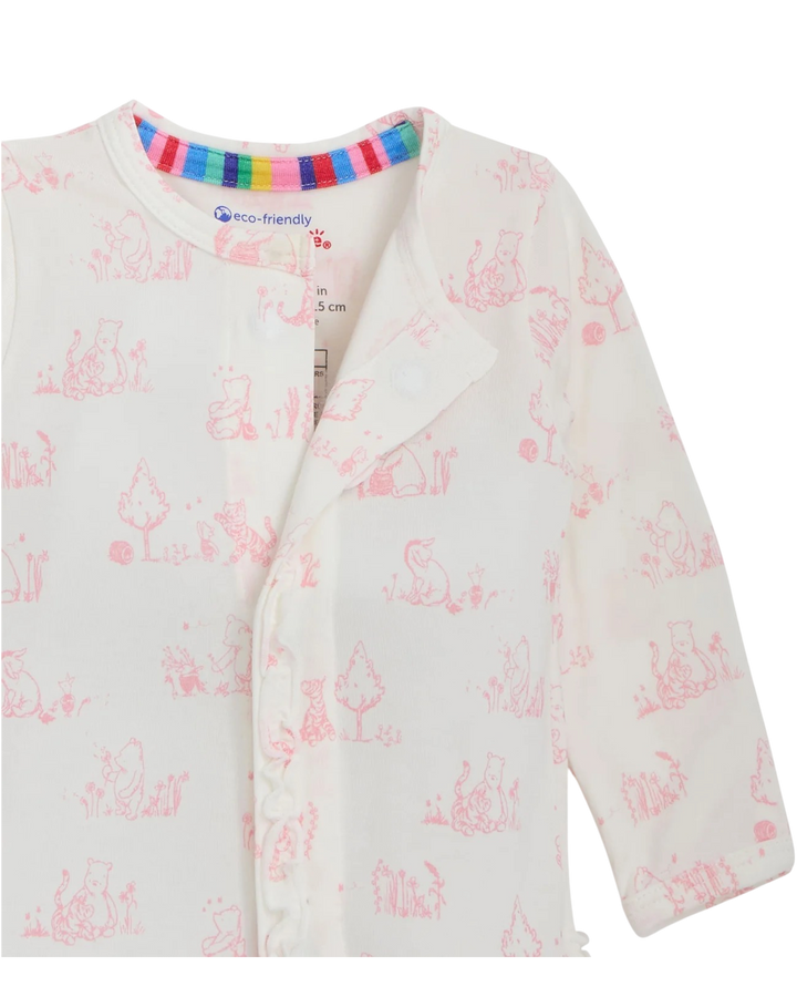 Baby cardigan with pink animal pattern on a white background