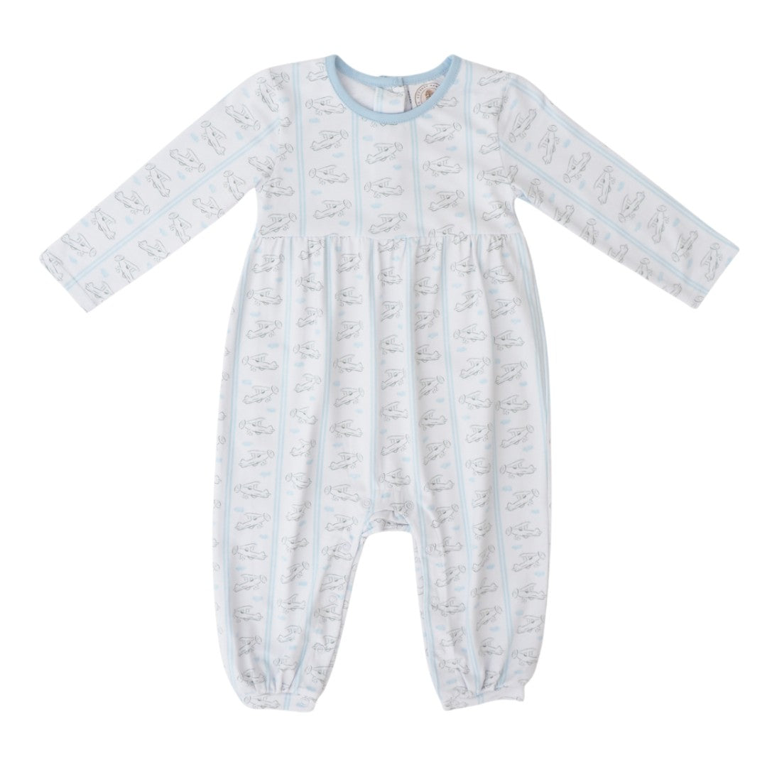 A baby long-sleeve footless one-piece jumpsuit in white with a light blue trim and an all-over light gray bunny print, shown flat on a white background, that store
