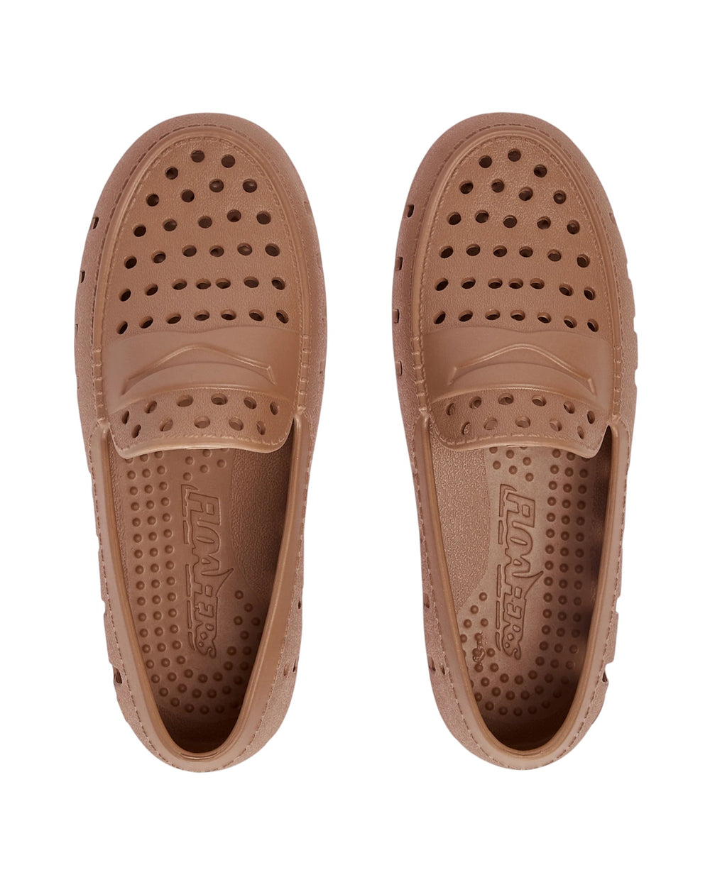 Pair of brown clogs with 'Crocs' branding on a white background